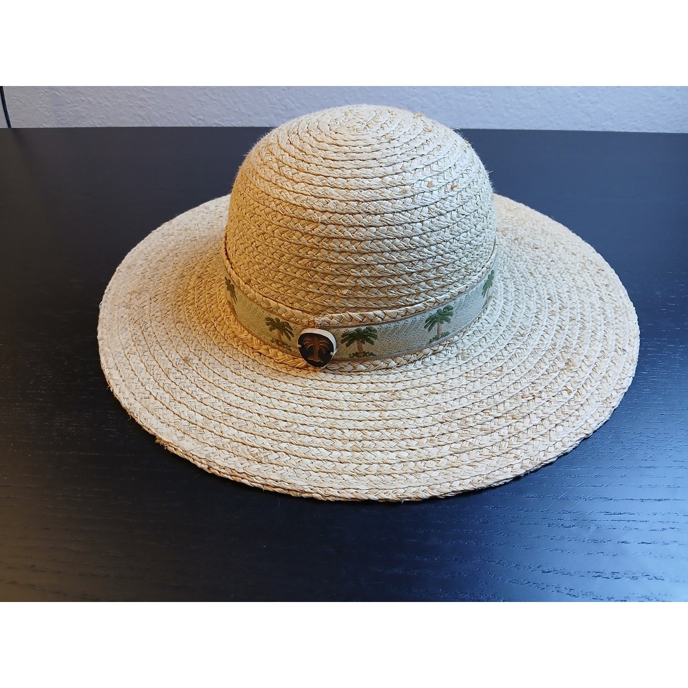Scala Collection Straw Sun Hat Wide Brim Palm Tree Ribbon Beige‎ One Size